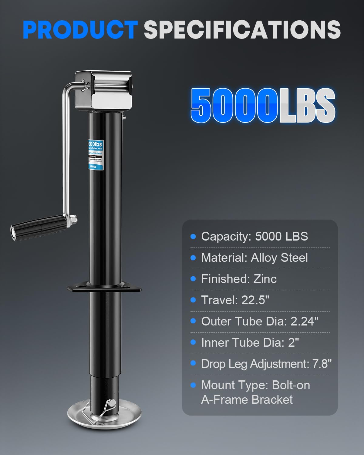 5000 lbs A-Frame Trailer Jack with Adjustable Drop Leg W6692
