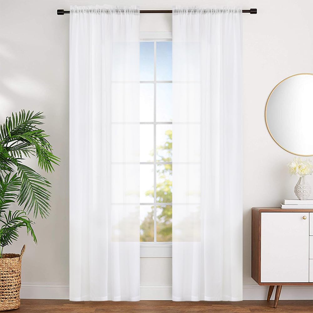 White 95 Inches Long Rod Pocket Sheer Curtains Set of 2 F4138