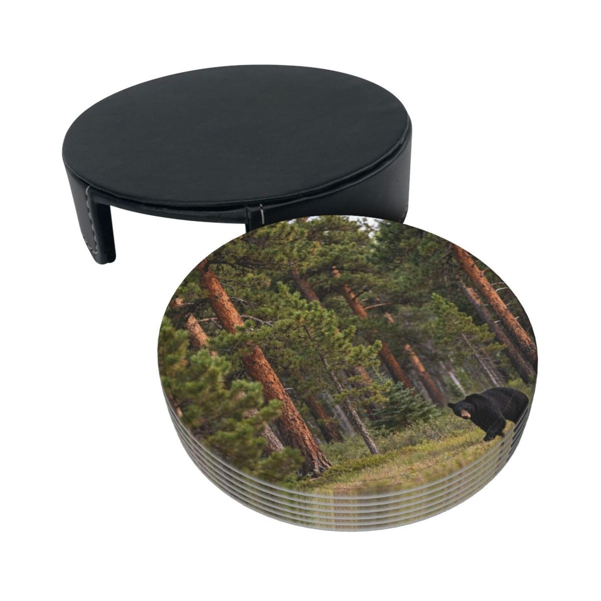 Black Bear Pattern Leather Coasters Set of 6 N14161