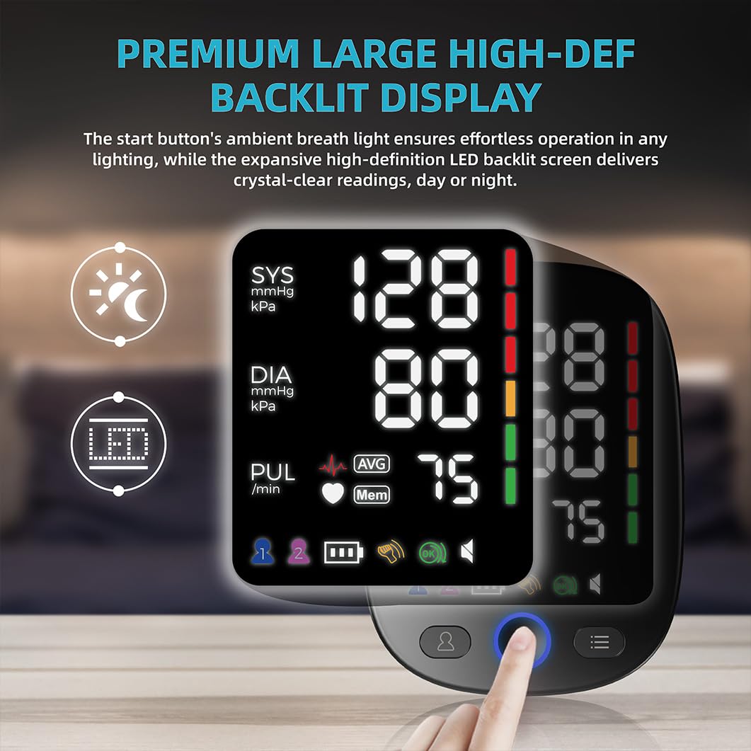Blood Pressure Monitor with Large Color-Backlit LED Display, 240 Memory, Adjustable Wide Cuff 8.5-16.5" Y5414