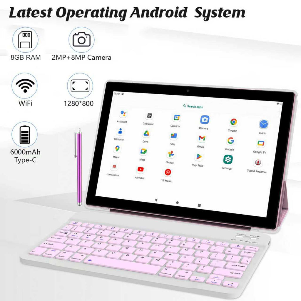10 Inch Android Tablet with Keyboard Mouse Case Stylus Pink P468474