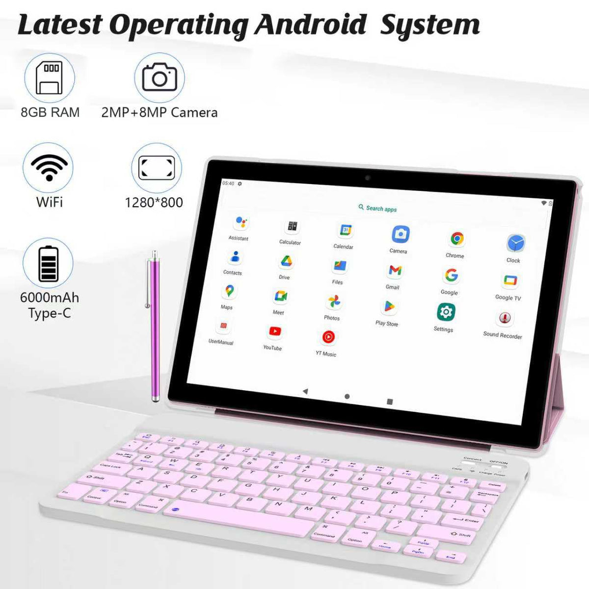 10 Inch Android Tablet with Keyboard Mouse Case Stylus Pink P468474