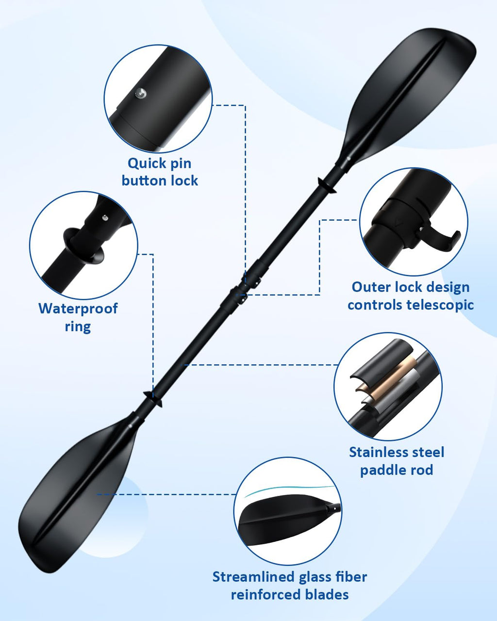 Adjustable Kayak Paddle 62–87 Inches Stainless Steel Fiberglass Non-Slip Grip with Carry Bag H6396