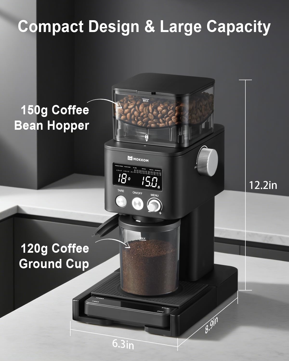 Conical Burr Coffee Grinder with Scale, 31 Grind Settings, Stainless Steel, Black S326