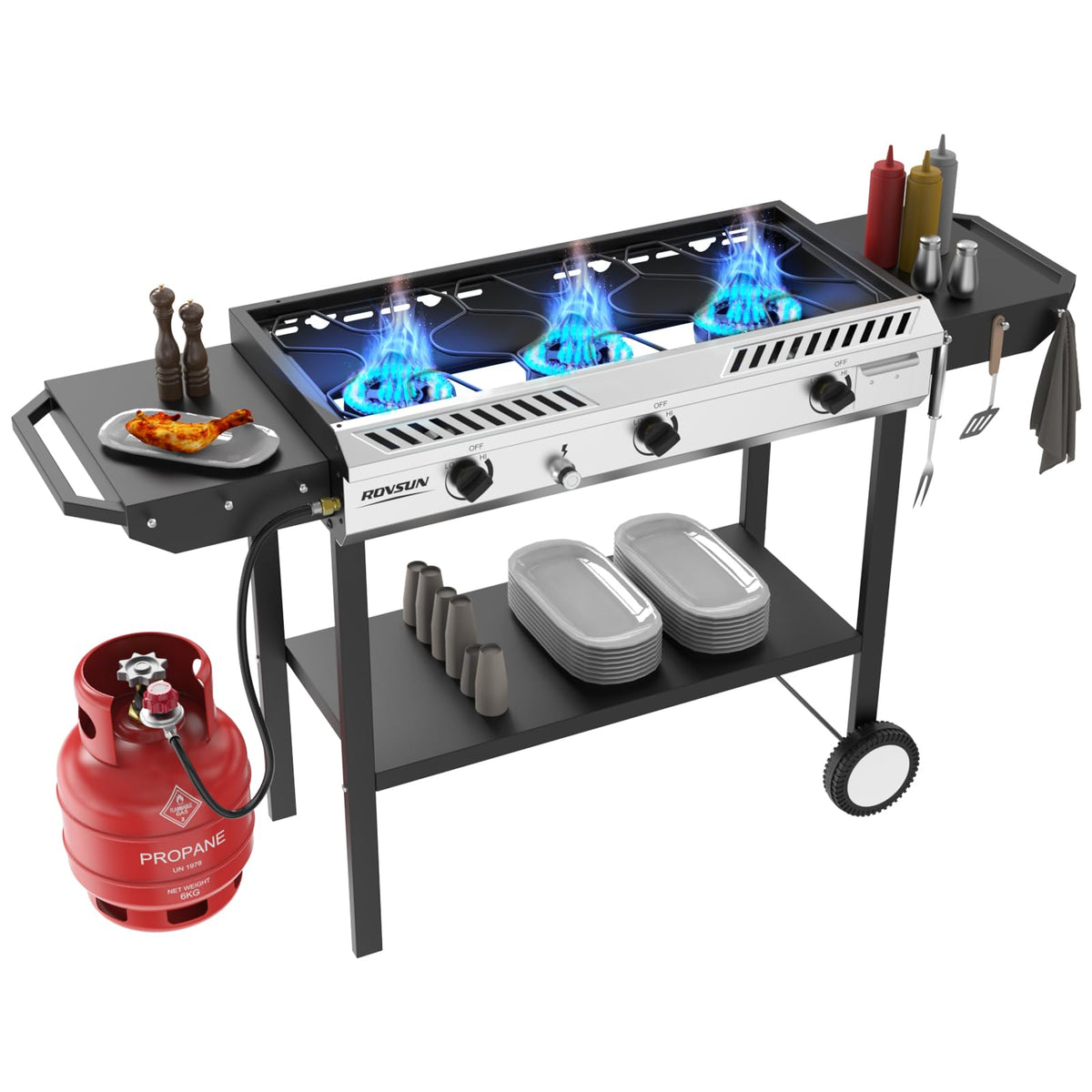 3 Burner Propane Gas Stove with Side Shelves U887
