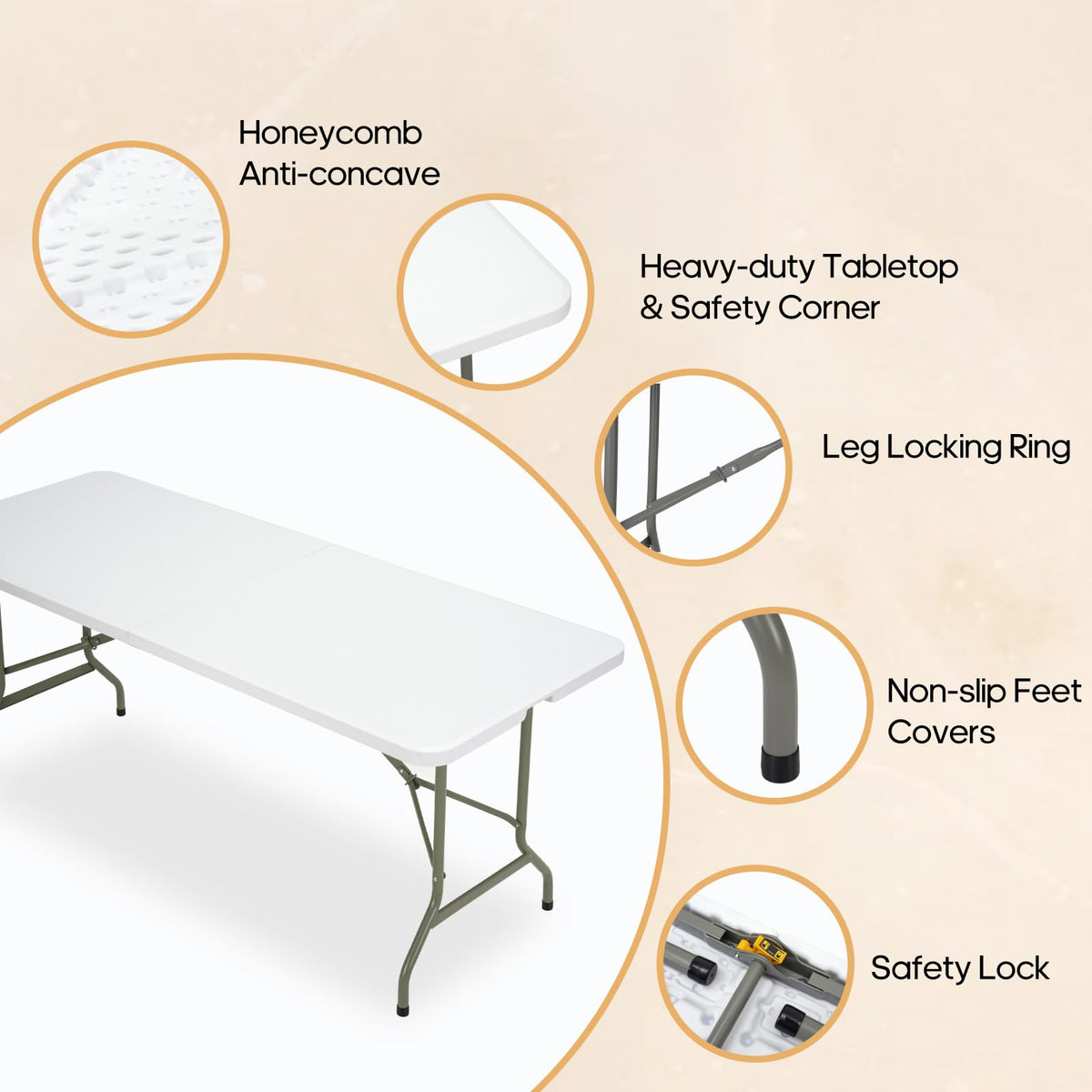 Folding Table 6ft Heavy-Duty 500lbs HDPE Steel White W46235