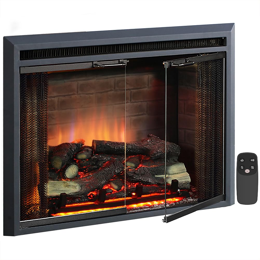 Black Electric Fireplace Insert with Glass Door and Mesh Screen, 750/1500W A778929