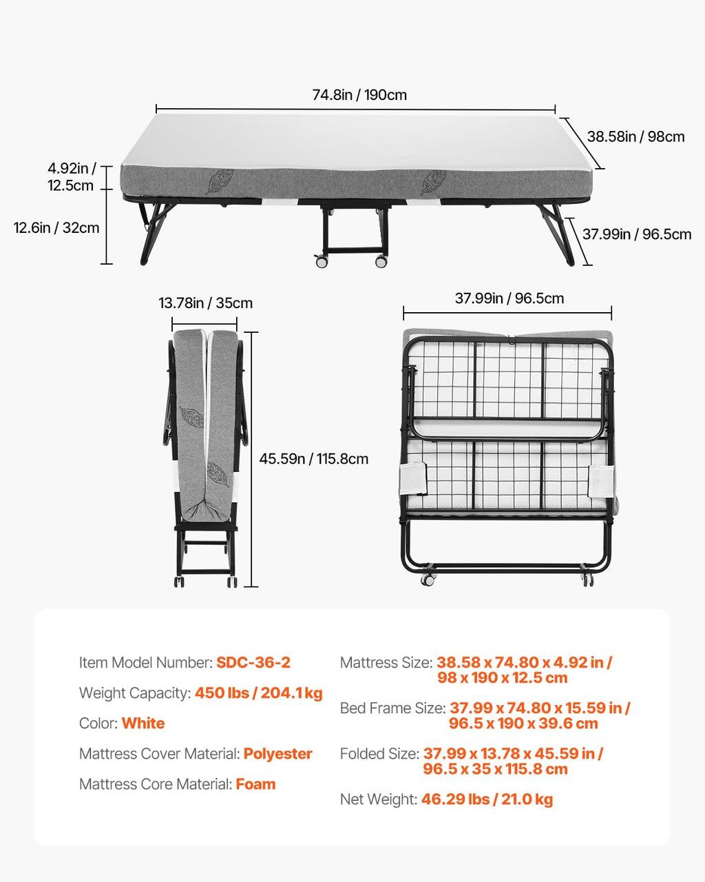 White Twin Size Folding Bed with 5 in Memory Foam Mattress X3413