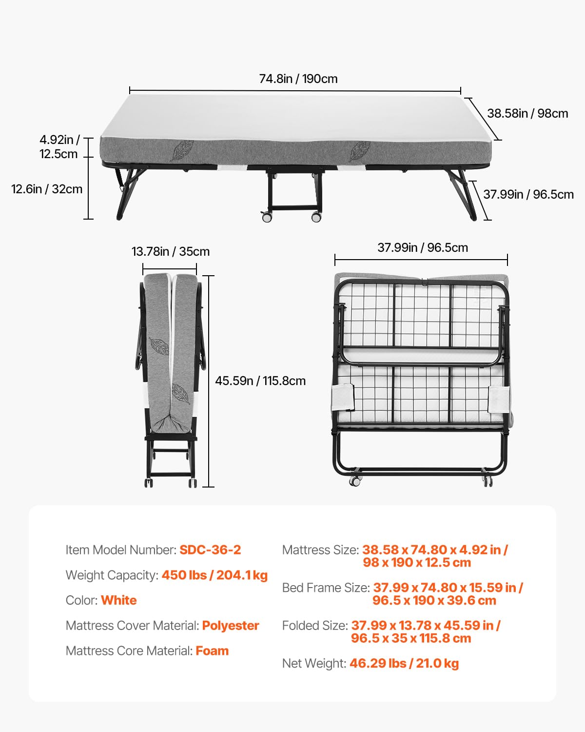 White Twin Size Folding Bed with 5 in Memory Foam Mattress X3413