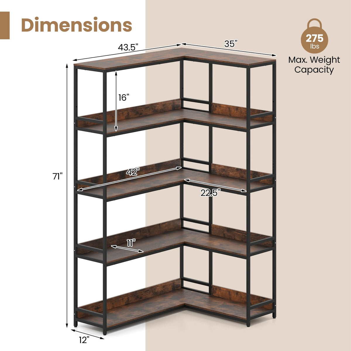 5-Tier L-Shaped Bookshelf with Metal Frame J88937