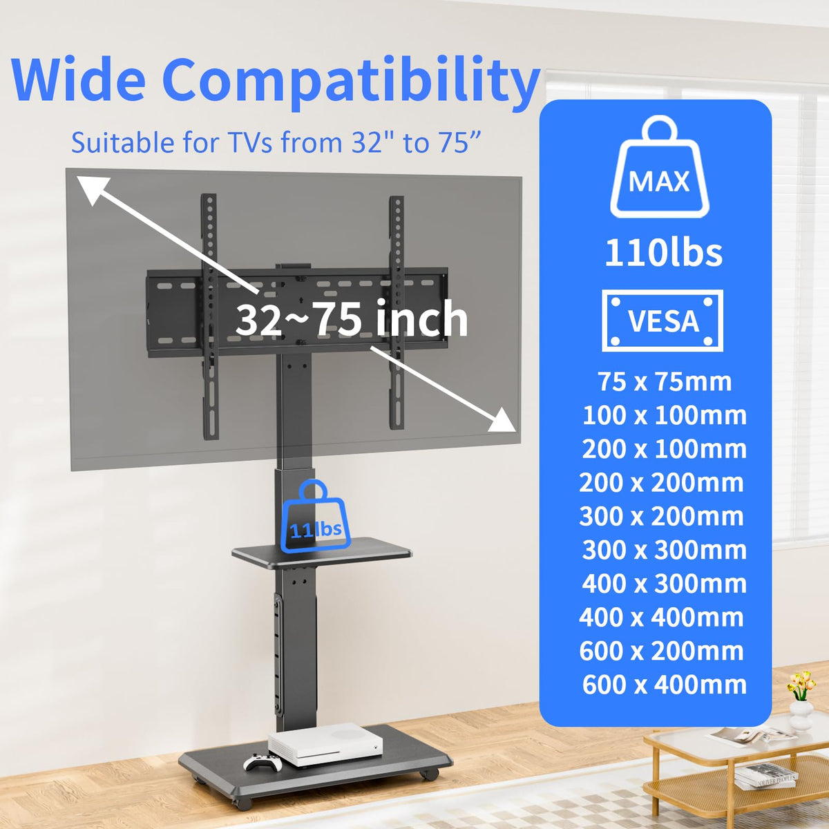 Rolling TV Stand with Power Outlet for 32-75" TV Z7444