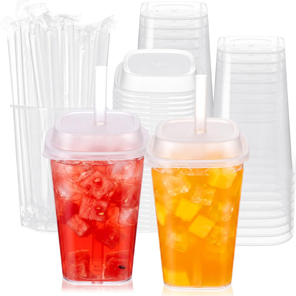 30 Pack 22 oz Clear Plastic Cups with Lids & Straws F637317