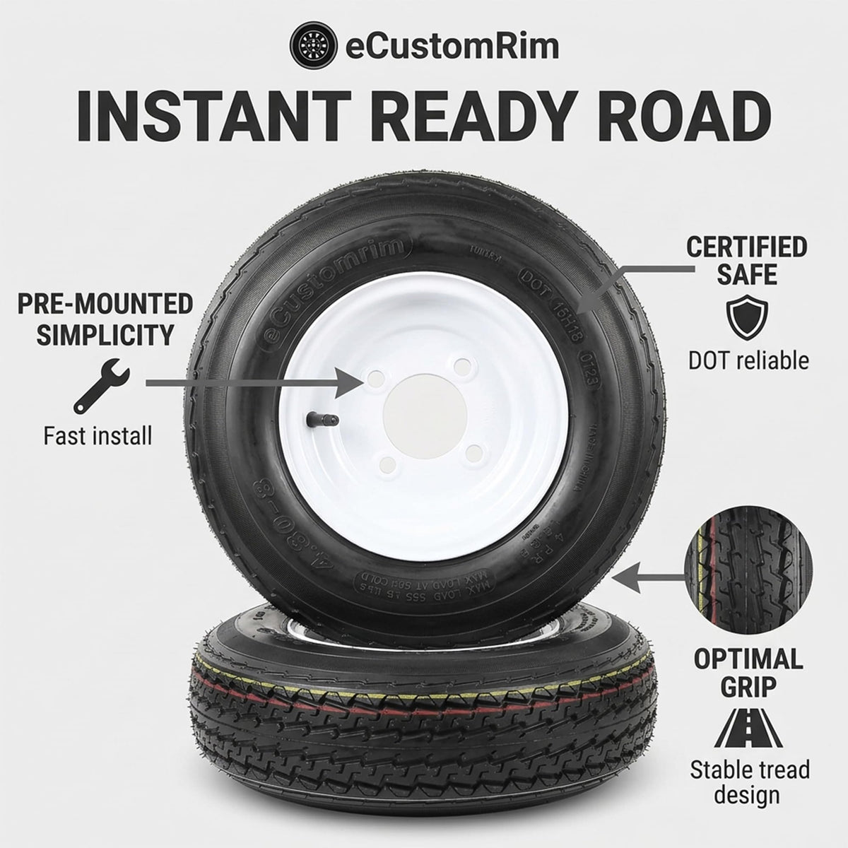 2-Pack Trailer Tire Rim Assembly 480-8 4.80-8 8 Inch LRC 4 Lug U7171