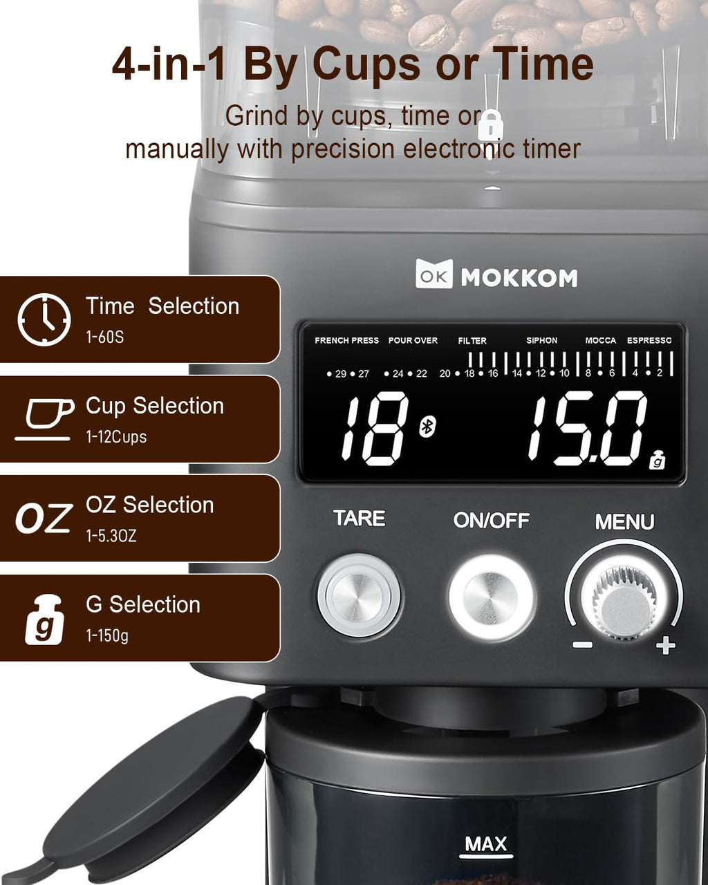 Conical Burr Coffee Grinder with Scale, 31 Grind Settings, Stainless Steel, Black S326