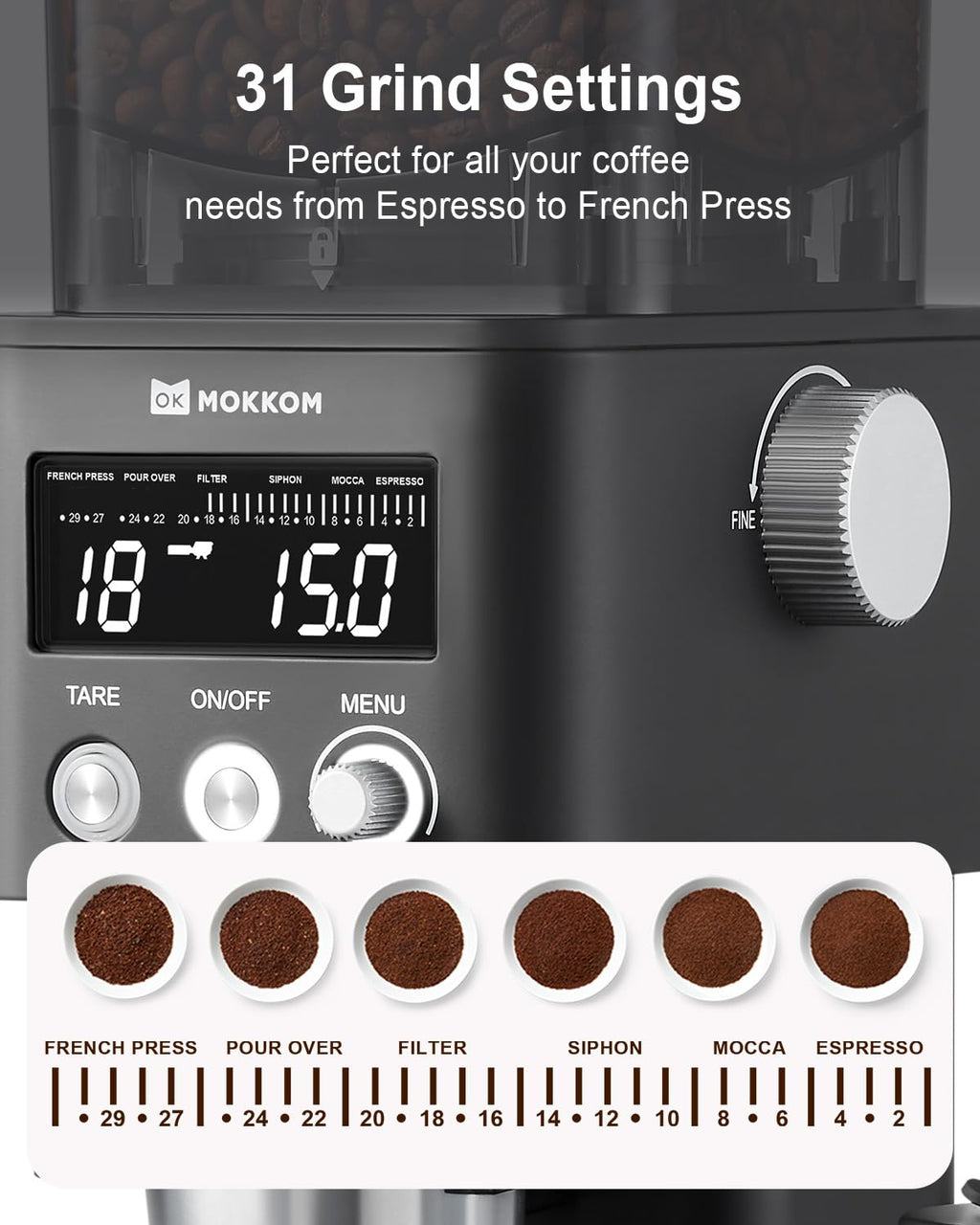 Conical Burr Coffee Grinder with Scale, 31 Grind Settings, Stainless Steel, Black S326