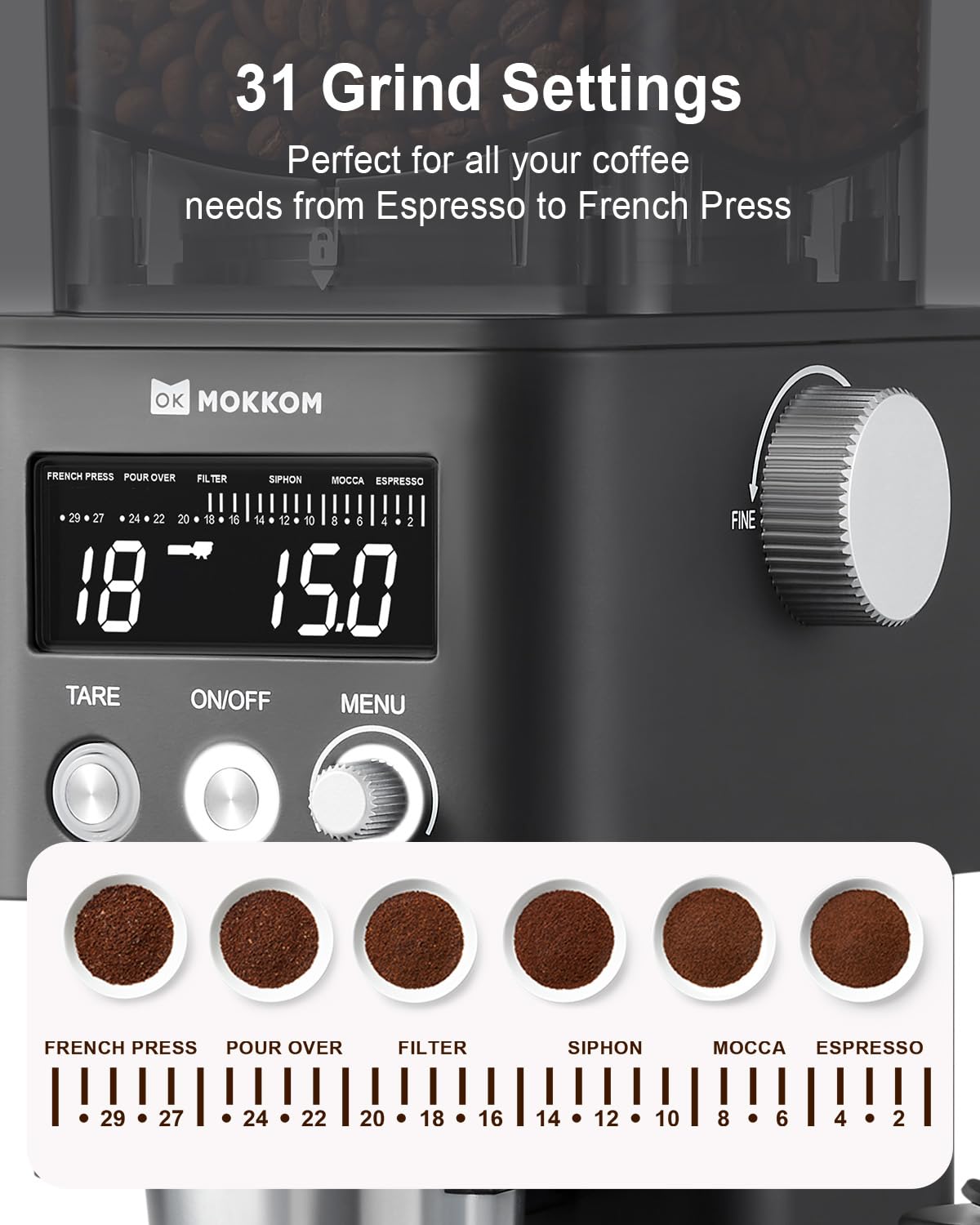 Conical Burr Coffee Grinder with Scale, 31 Grind Settings, Stainless Steel, Black S326