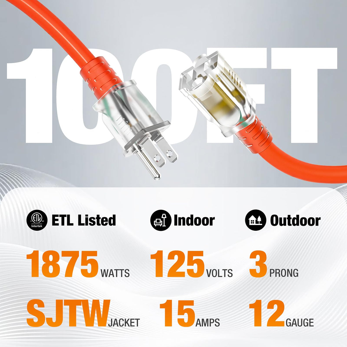 100 FT Heavy Duty Waterproof Outdoor Extension Cord Y653562
