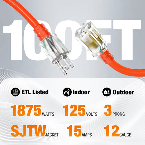 100 FT Heavy Duty Waterproof Outdoor Extension Cord Y653562