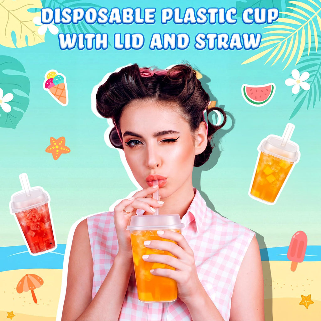 30 Pack 22 oz Clear Plastic Cups with Lids & Straws F637317