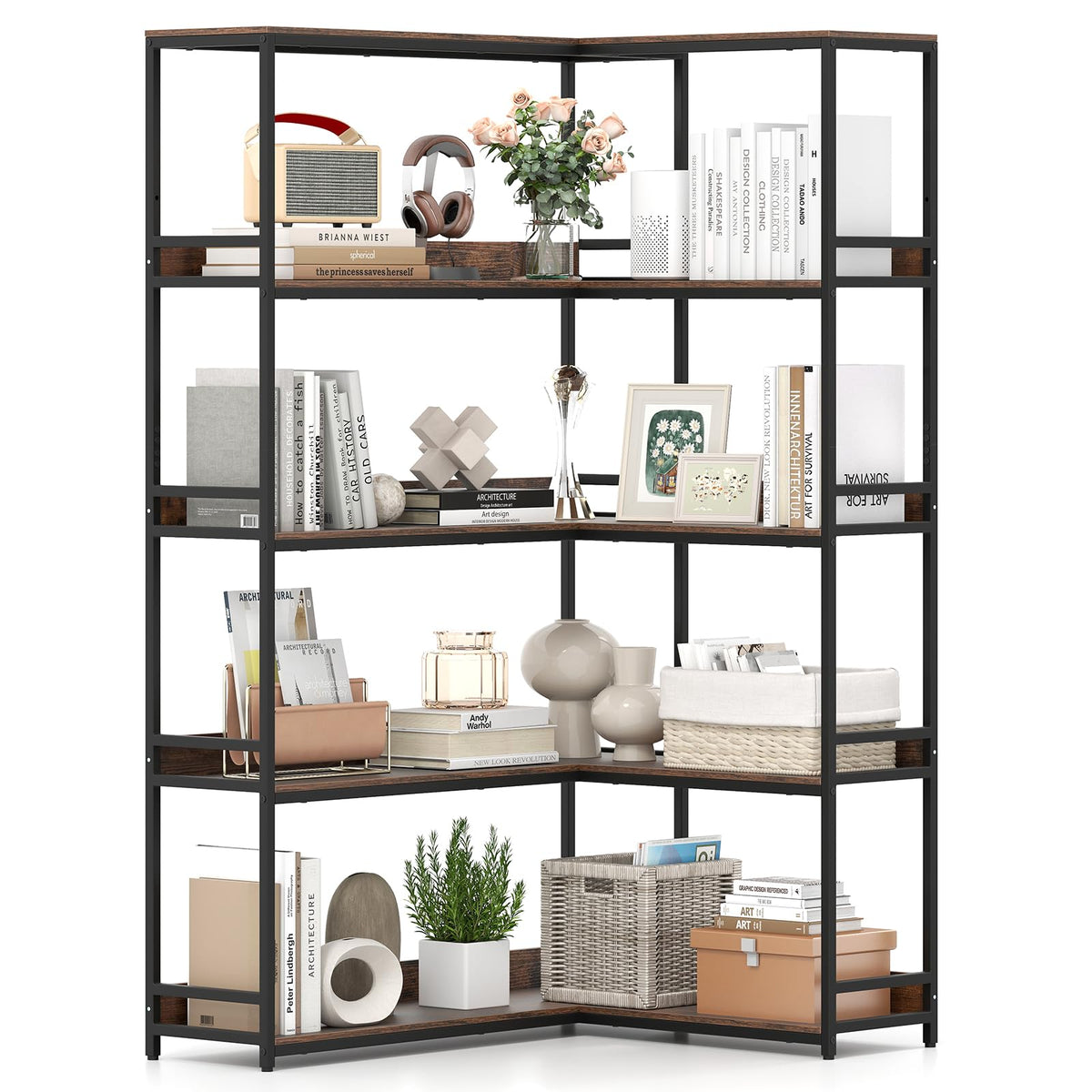 5-Tier L-Shaped Bookshelf with Metal Frame J88937