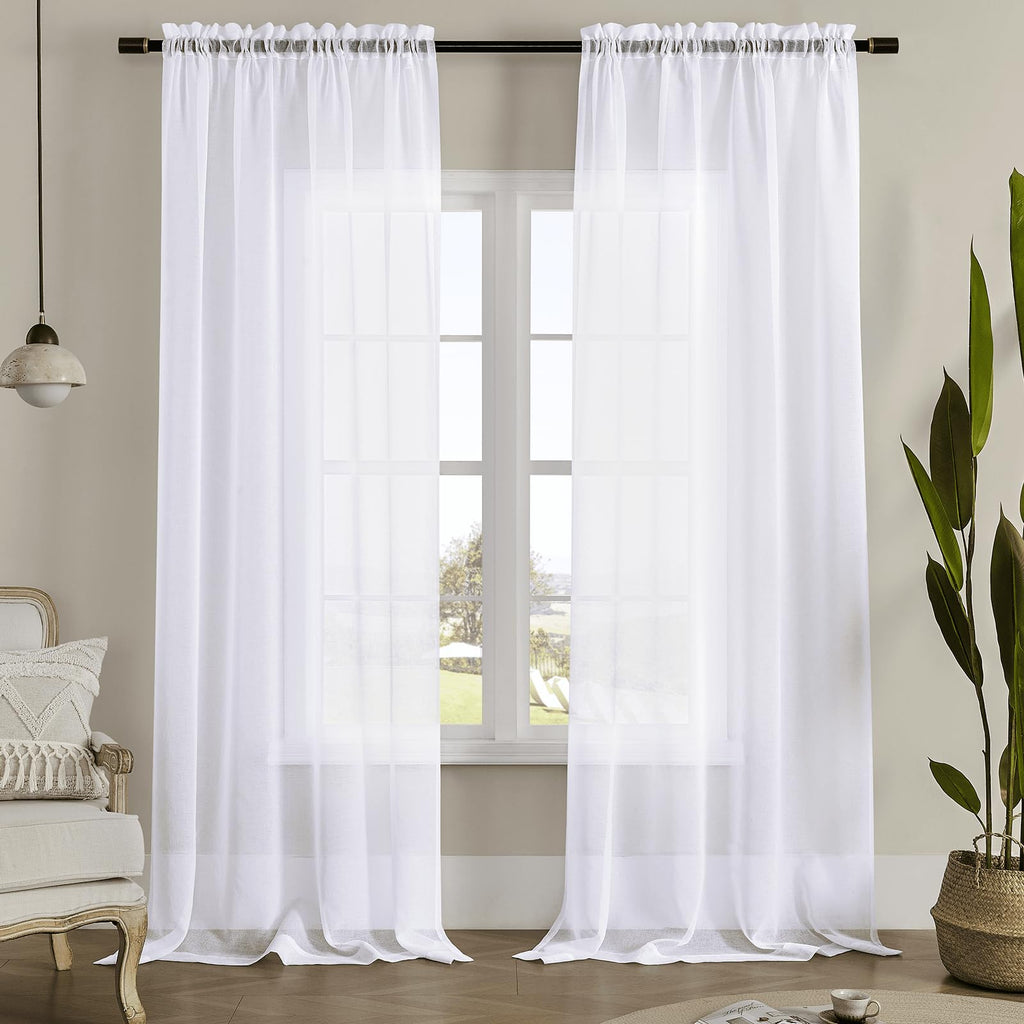 White 95 Inches Long Rod Pocket Sheer Curtains Set of 2 F4138