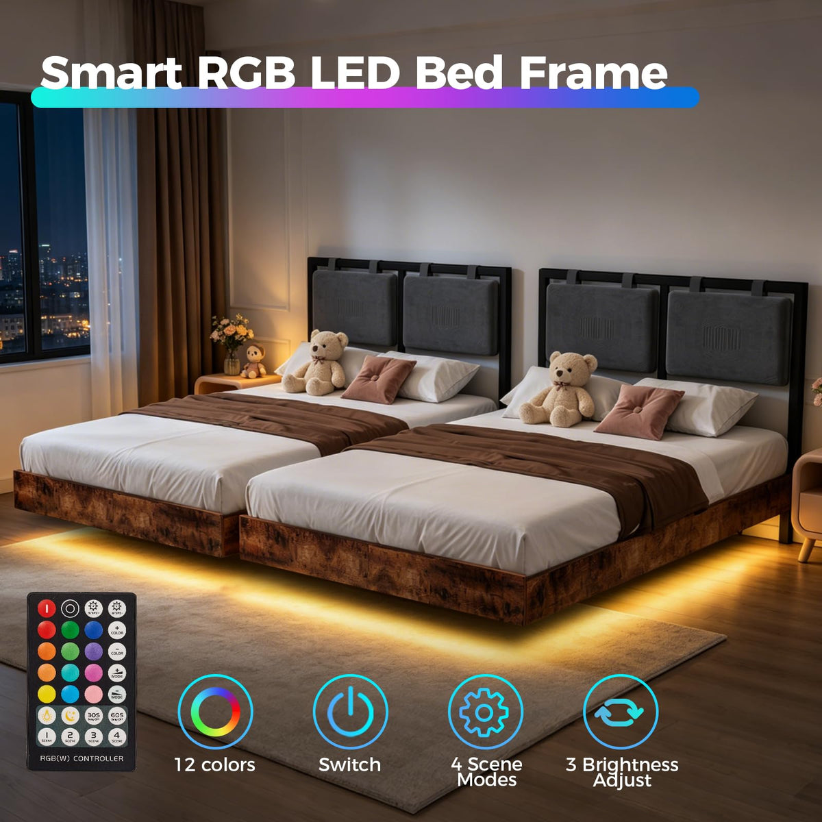 Full Size Floating Bed Frame with LED Lights and Adjustable Headboard L118783