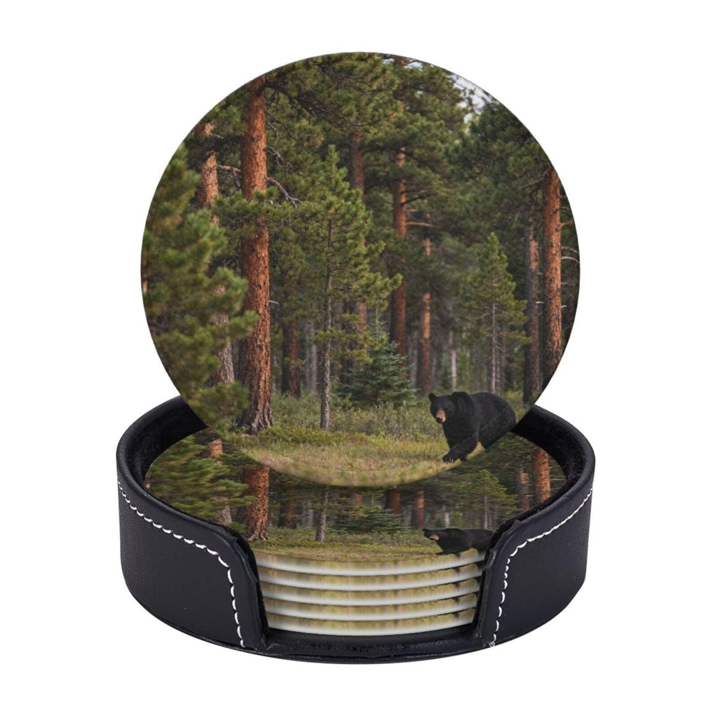 Black Bear Pattern Leather Coasters Set of 6 N14161
