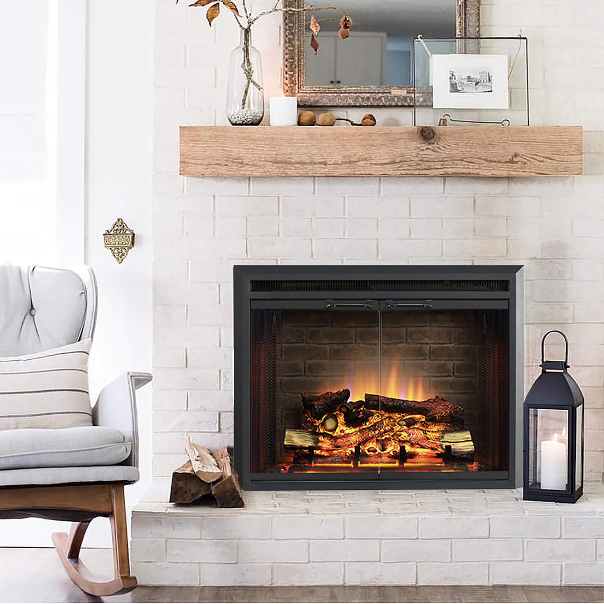 Black Electric Fireplace Insert with Glass Door and Mesh Screen, 750/1500W A778929