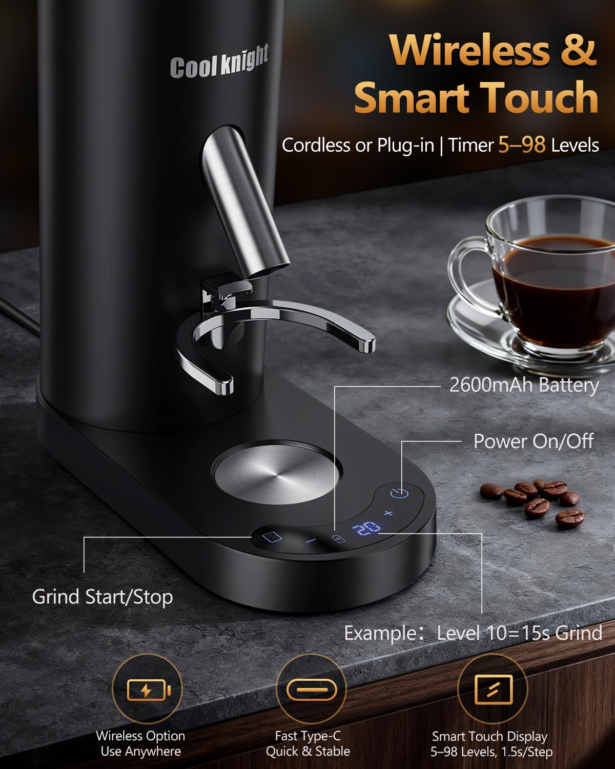 Rechargeable Conical Burr Coffee Grinder with 60 Grind Settings B452729