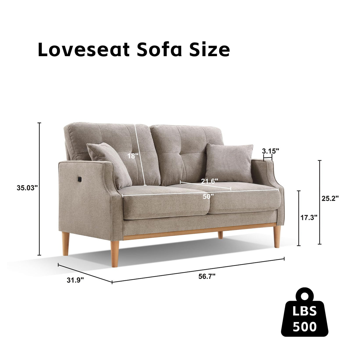 Light Grey Fabric Upholstered 2-Seat Loveseat Sofa with USB Port V632