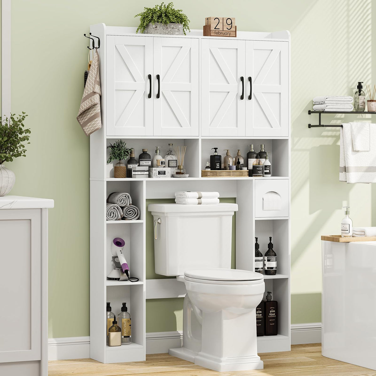 White Over The Toilet Storage Cabinet with 4 Doors V925