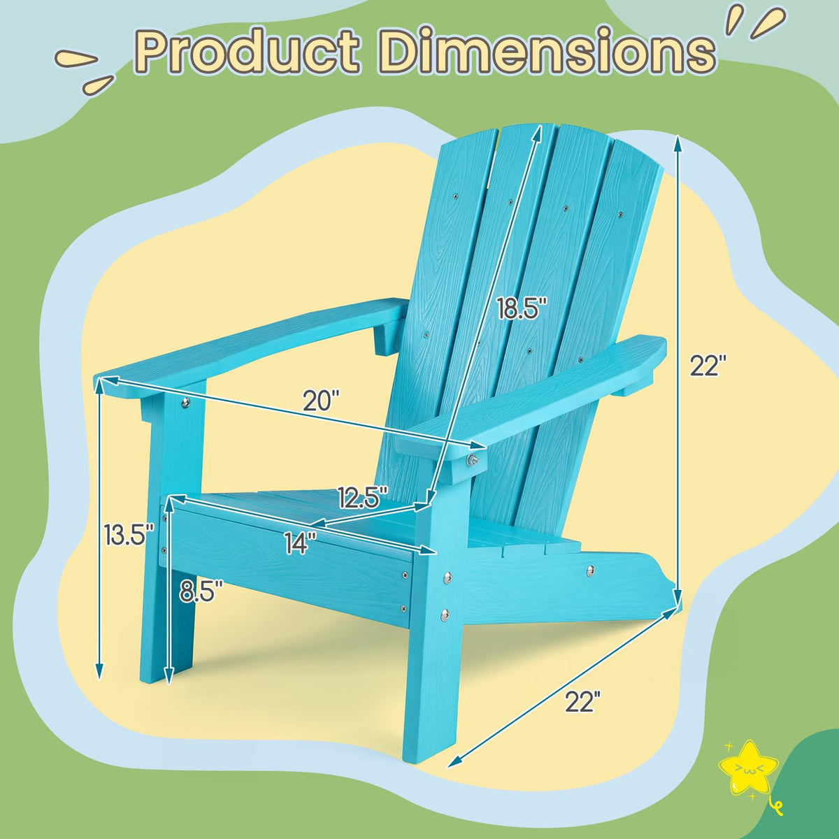 Kids Adirondack Chair, Plastic Toddler Lawn Chair, All-Weather Outdoor Chairs, Turquoise O6487