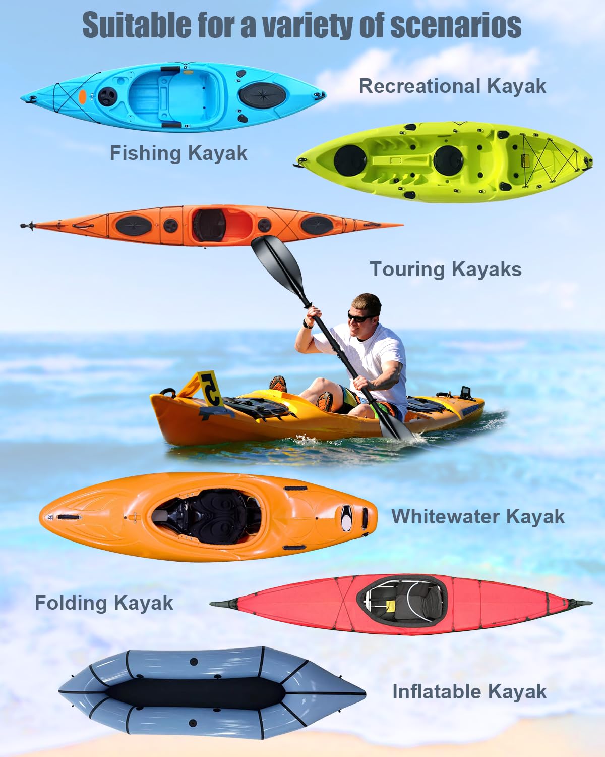 Adjustable Kayak Paddle 62–87 Inches Stainless Steel Fiberglass Non-Slip Grip with Carry Bag H6396