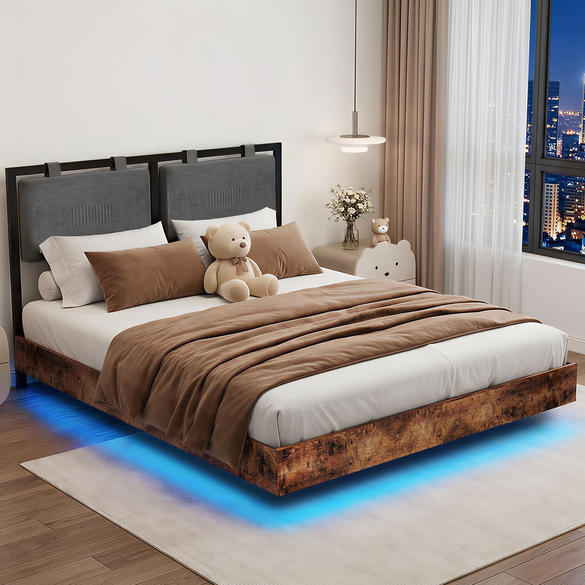 Full Size Floating Bed Frame with LED Lights and Adjustable Headboard L118783