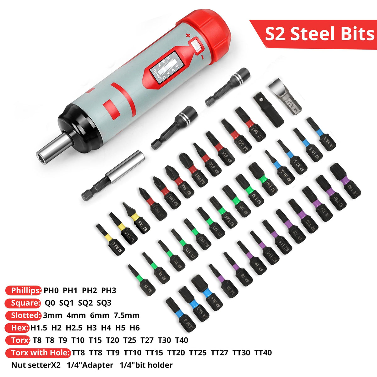 Torque Screwdriver Set 7.91 N·m 1/4" Drive with 40 S2 Bits Z205