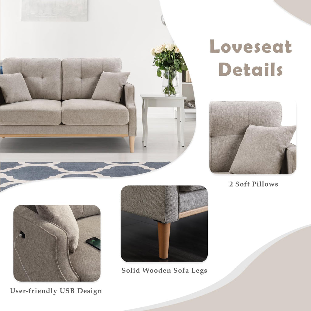 Light Grey Fabric Upholstered 2-Seat Loveseat Sofa with USB Port V632