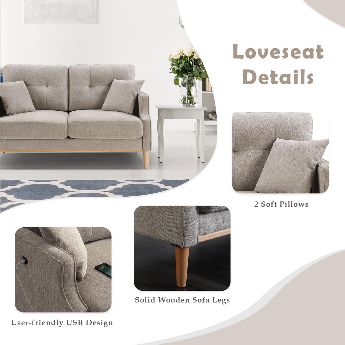 Light Grey Fabric Upholstered 2-Seat Loveseat Sofa with USB Port V632