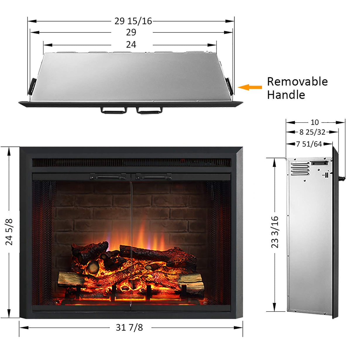 Black Electric Fireplace Insert with Glass Door and Mesh Screen, 750/1500W A778929