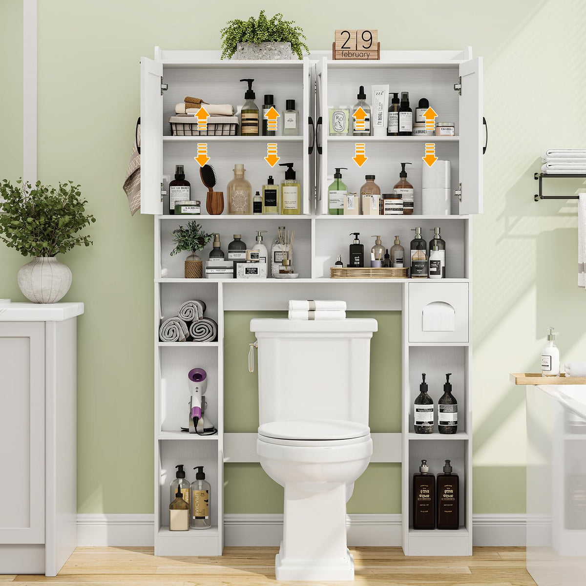 White Over The Toilet Storage Cabinet with 4 Doors V925