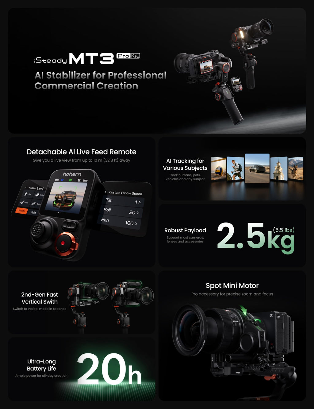 3-Axis Gimbal Stabilizer with AI Tracker and Detachable Touchscreen Control F69209