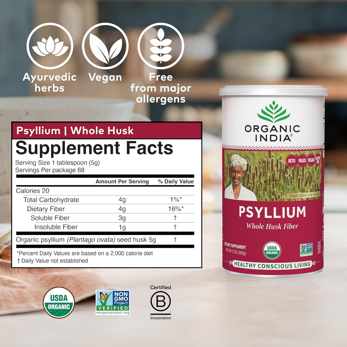 Whole Psyllium Husk Powder Organic Vegan 12 oz Z177590