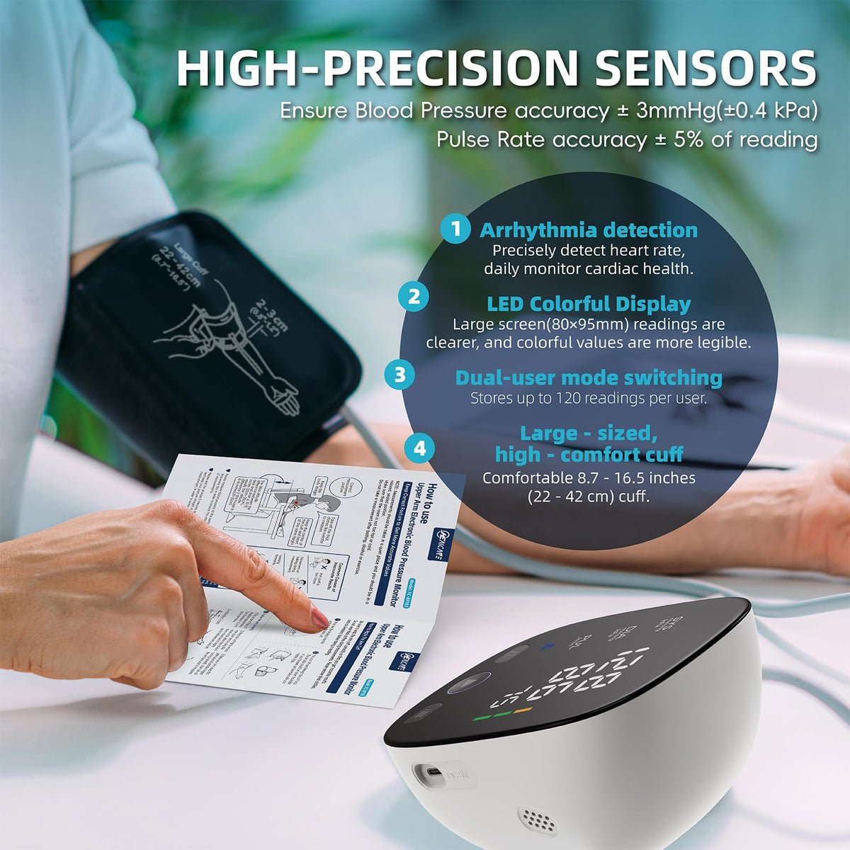 Blood Pressure Monitor with Large Color-Backlit LED Display, 240 Memory, Adjustable Wide Cuff 8.5-16.5" Y5414