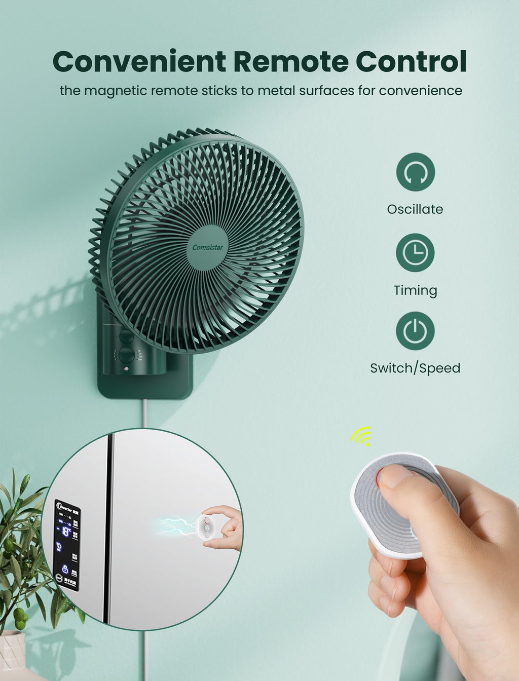 Wall Mounted Oscillating Fan with Remote and Timer, 8.5 Inch 4 Speeds D2491