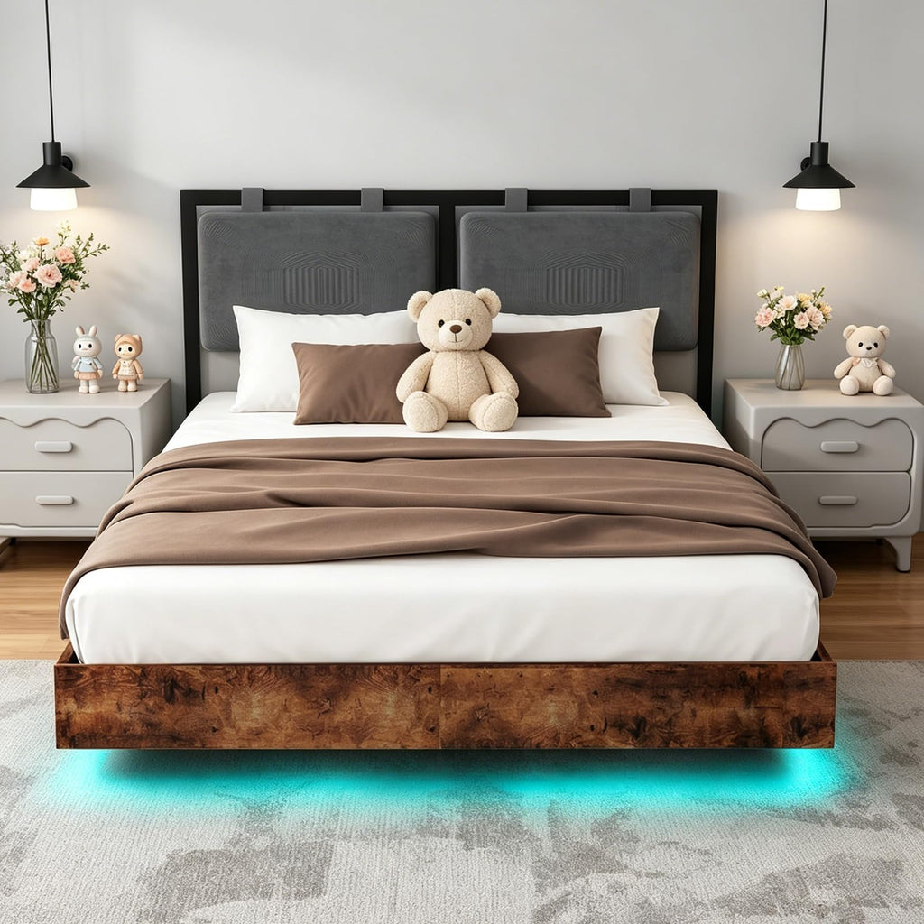 Full Size Floating Bed Frame with LED Lights and Adjustable Headboard L118783