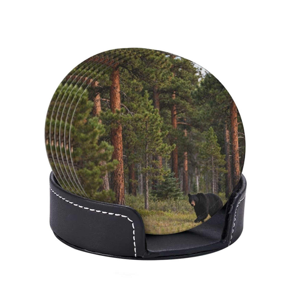 Black Bear Pattern Leather Coasters Set of 6 N14161