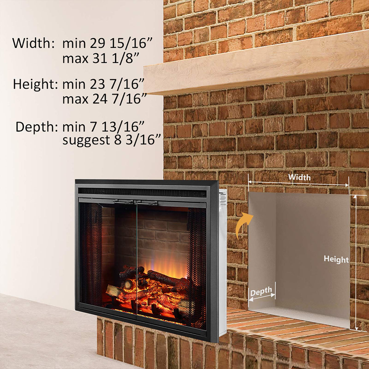 Black Electric Fireplace Insert with Glass Door and Mesh Screen, 750/1500W A778929