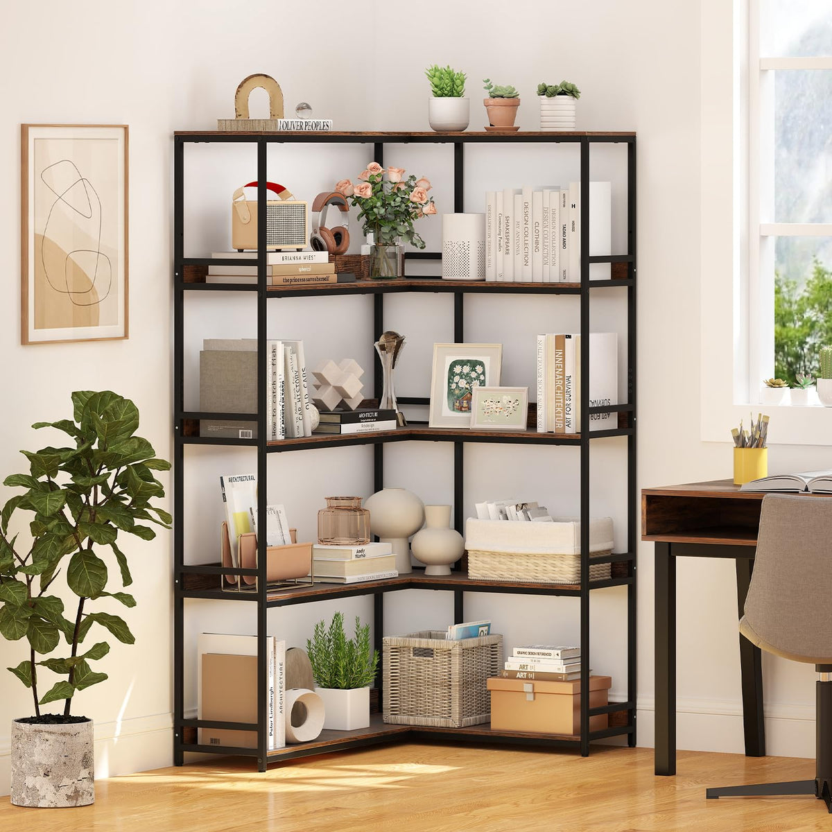 5-Tier L-Shaped Bookshelf with Metal Frame J88937