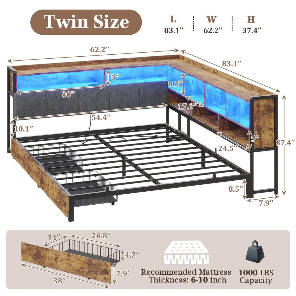 Full Size Corner Bed Frame with Storage and Drawers R466