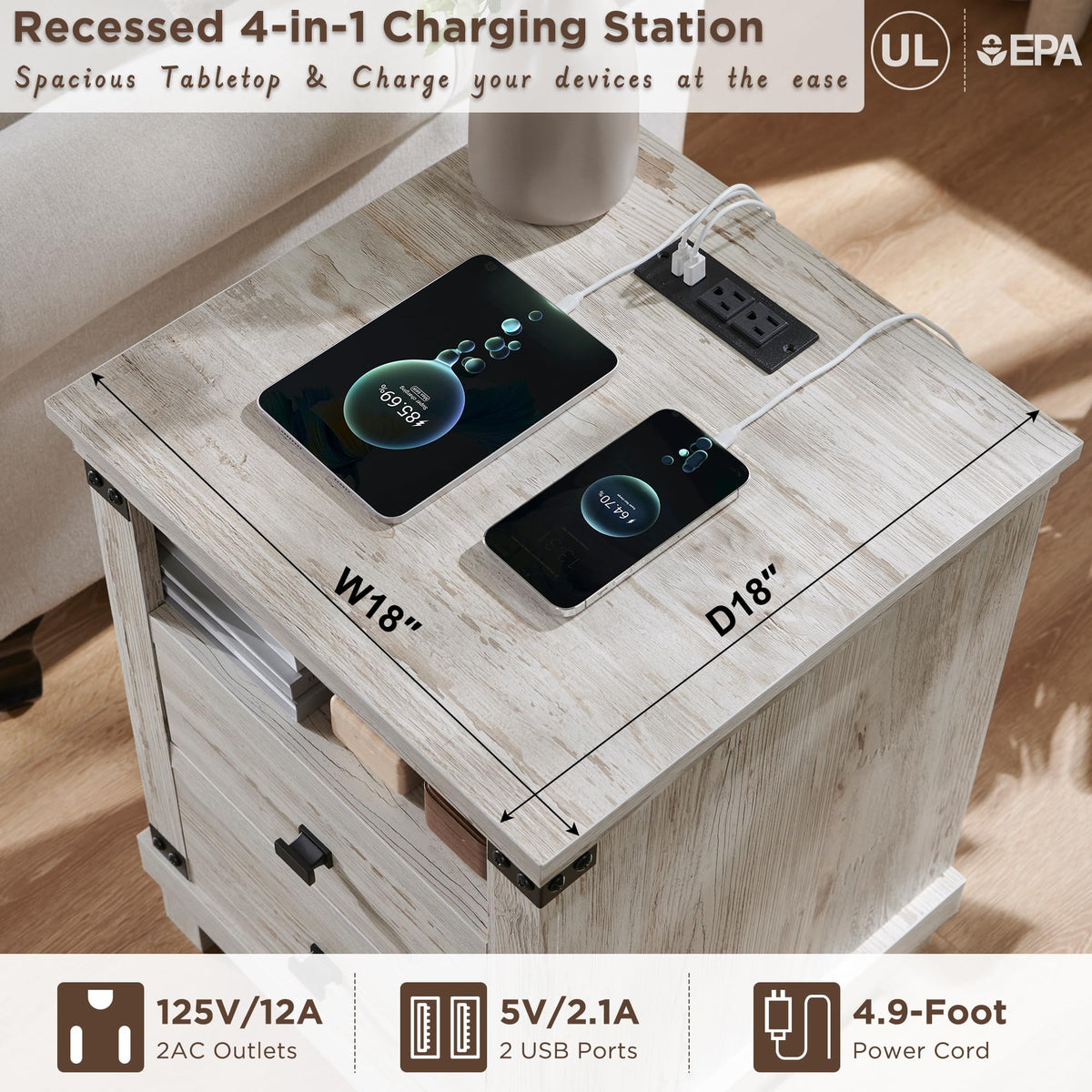 18" Farmhouse Nightstand with Charging Station Q9190