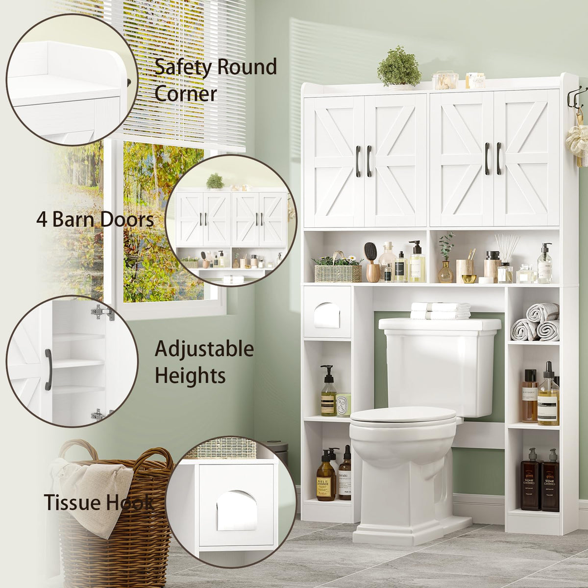 White Over The Toilet Storage Cabinet with 4 Doors V925